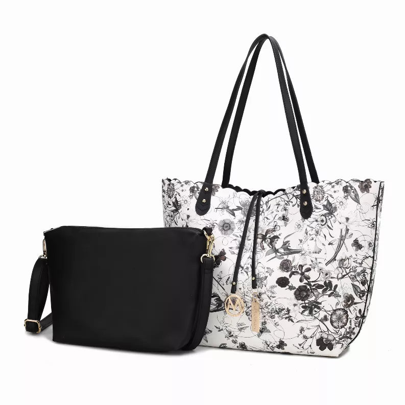 Reversible shopper tote and crossbody pouch set, floral print tote with black pouch