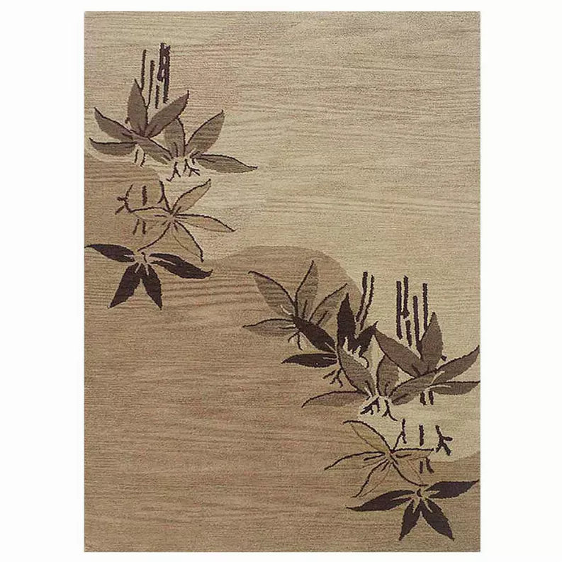Beige hand-tufted wool area rug with dark brown floral botanical pattern
