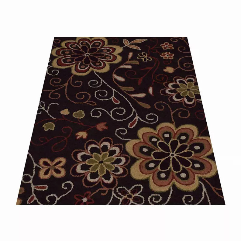 Floral area rug with dark brown background, ornate multicolor flower medallions