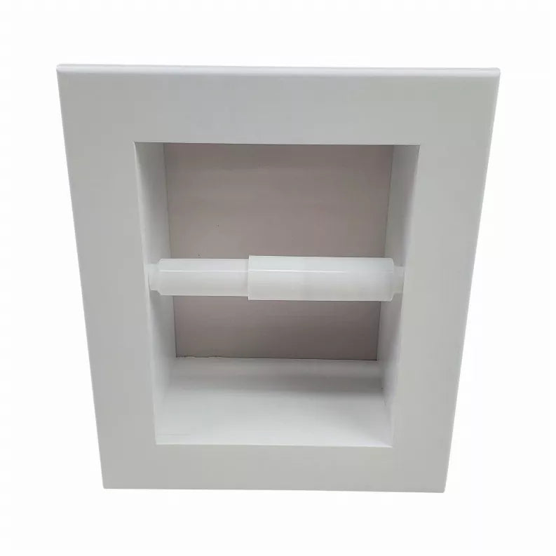 Recessed solid wood toilet paper holder with white finish and horizontal paper rod