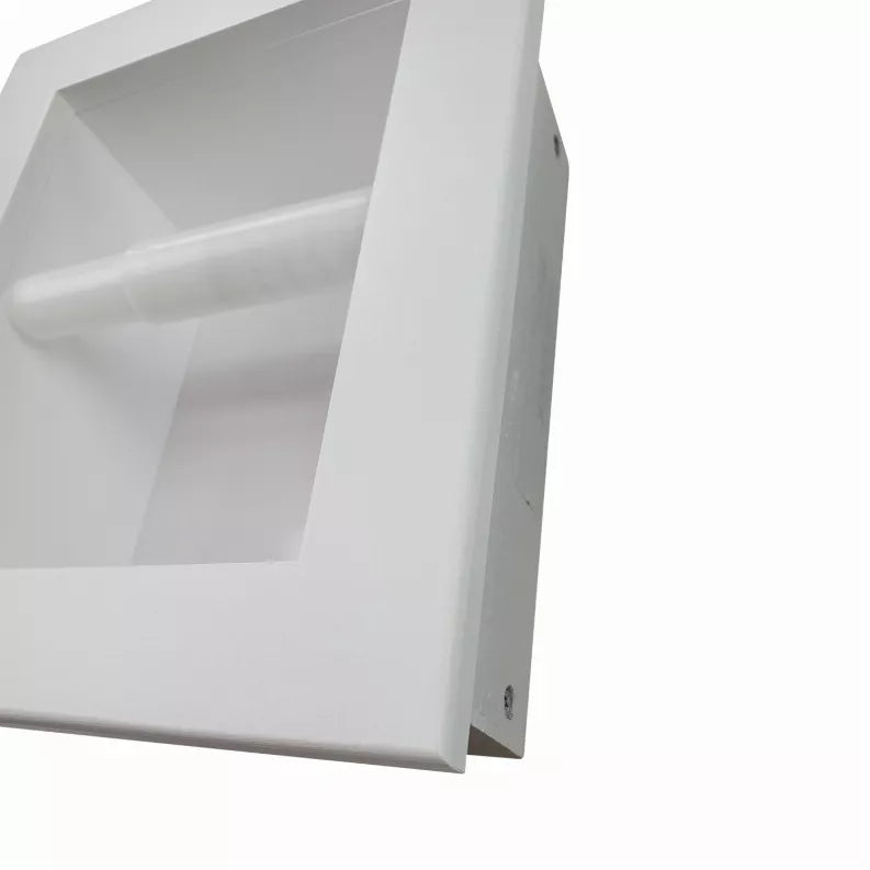 Recessed toilet paper holder wall plate in white with side mounting hardware