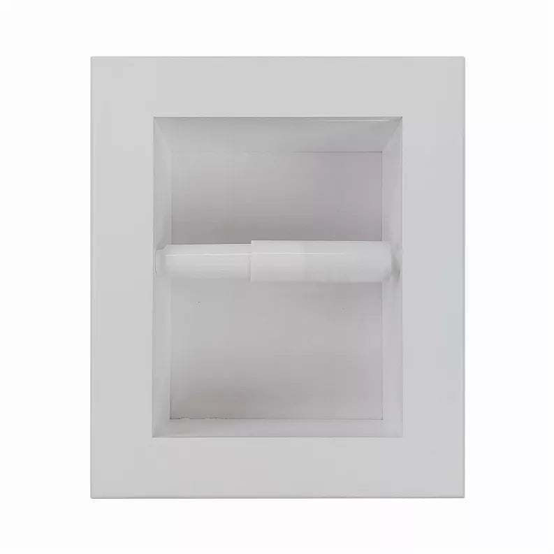 Recessed toilet paper holder with white frame and horizontal rod holding a paper roll