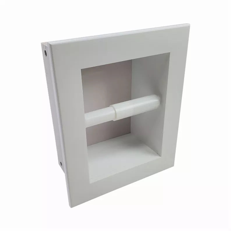 Recessed solid wood toilet paper holder in white with open square niche and rod