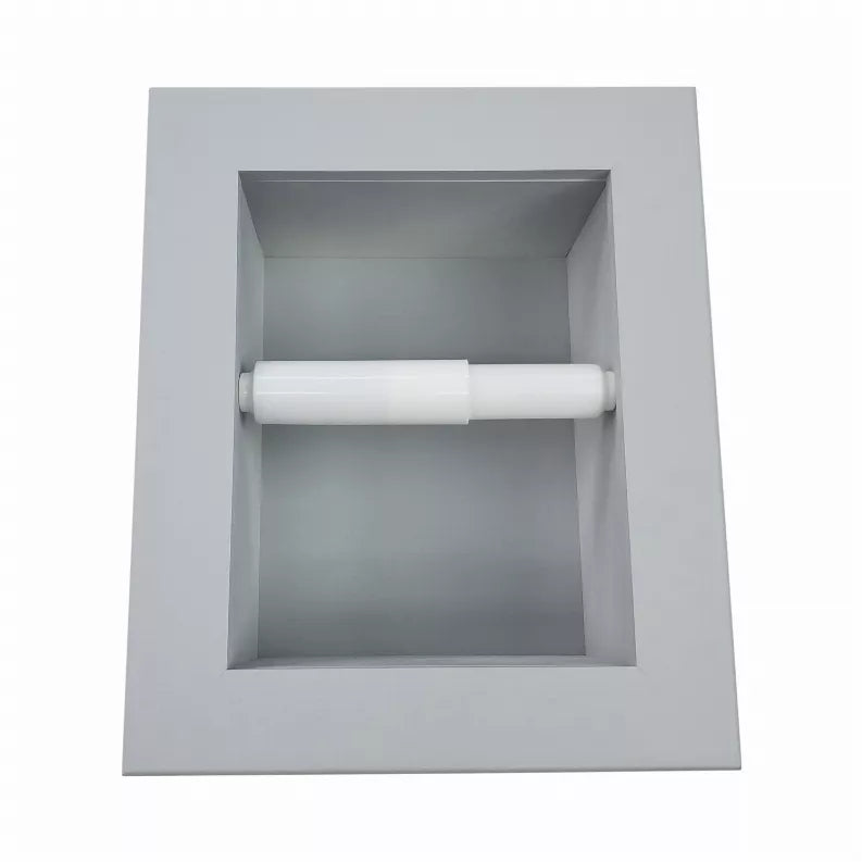 Recessed toilet paper holder with white roll, light gray square recessed wood surround