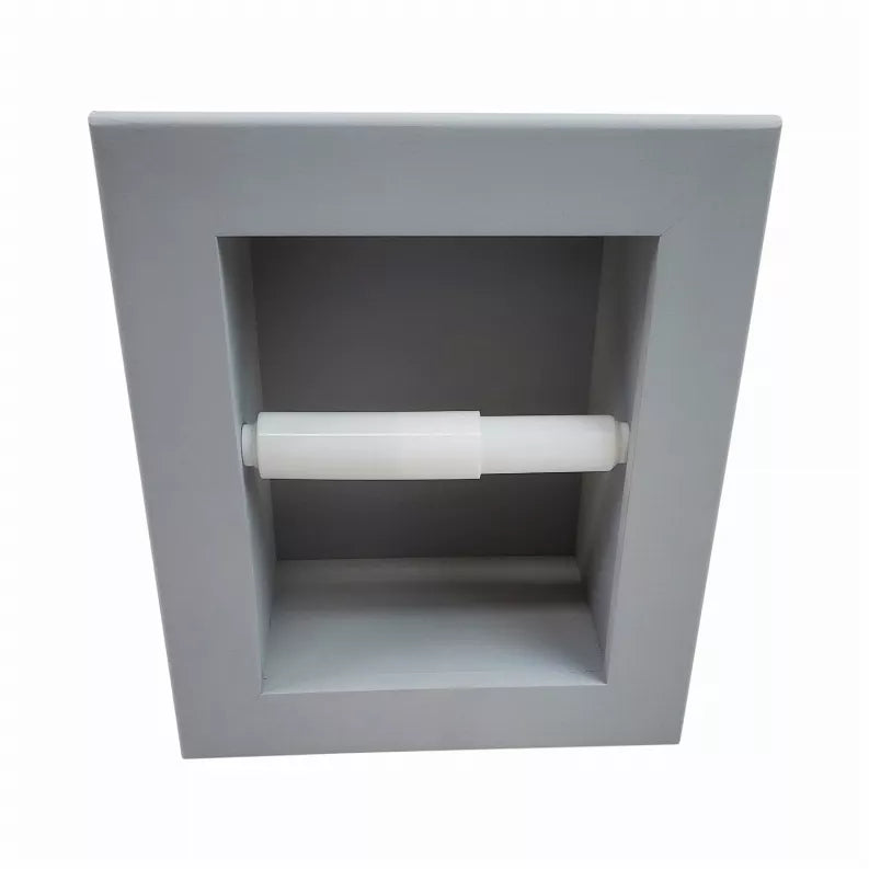 Recessed toilet paper holder with white roll bar, light gray square front opening