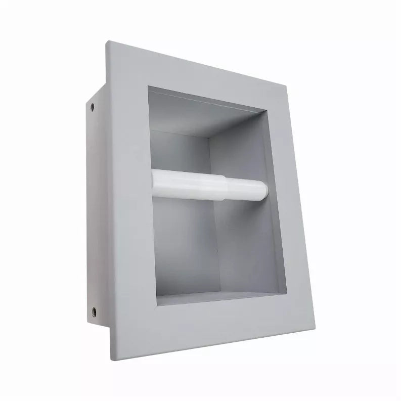 Recessed toilet paper holder with white roll and exposed side bracket holes, light gray wood