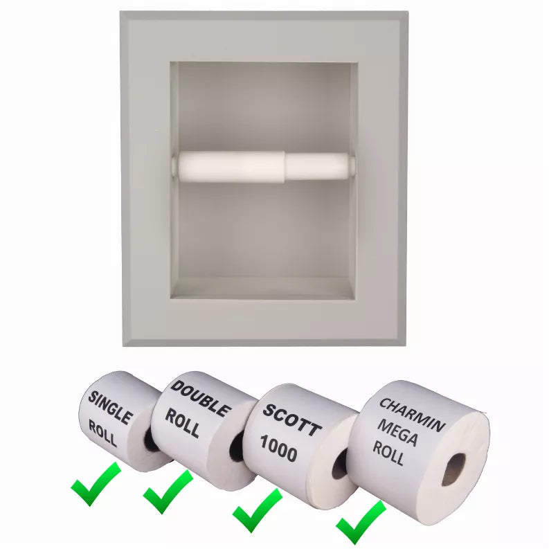 Recessed toilet paper holder with roll options and check marks for single and double roll types