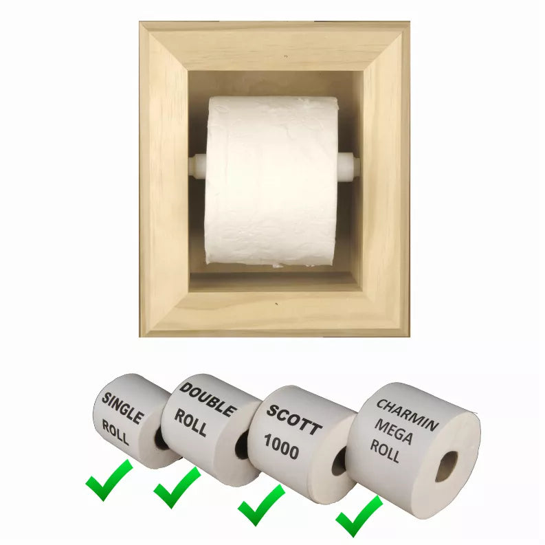 Recessed solid wood toilet paper holder with white roll installed, front view