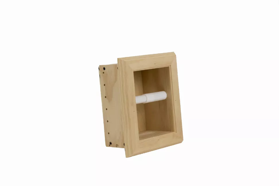 Recessed solid wood toilet paper holder angled view with roll bar inside