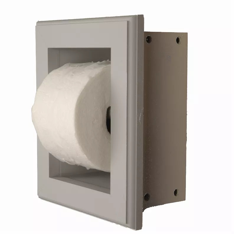 Recessed toilet paper holder with toilet roll shown from the side, white frame
