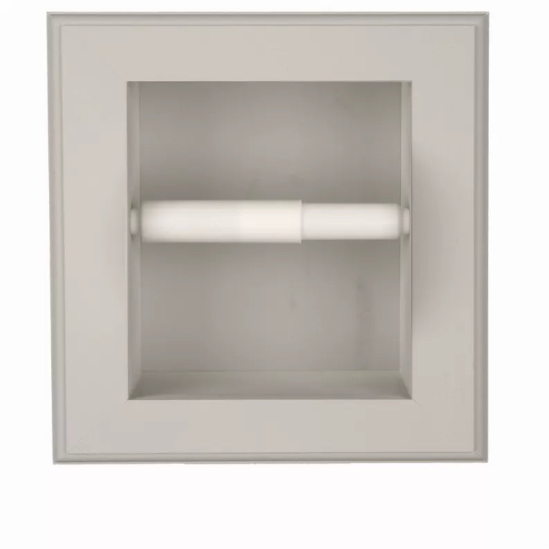 Recessed toilet paper holder with empty inner compartment and white spindle, front view