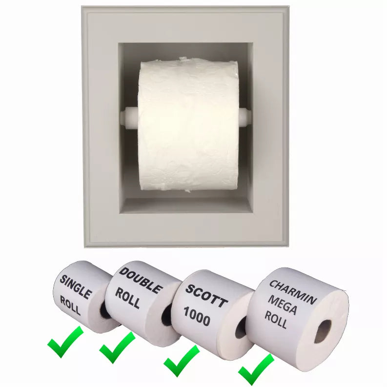 Recessed toilet paper holder with toilet roll; roll size labels with checkmarks and Scott 1000