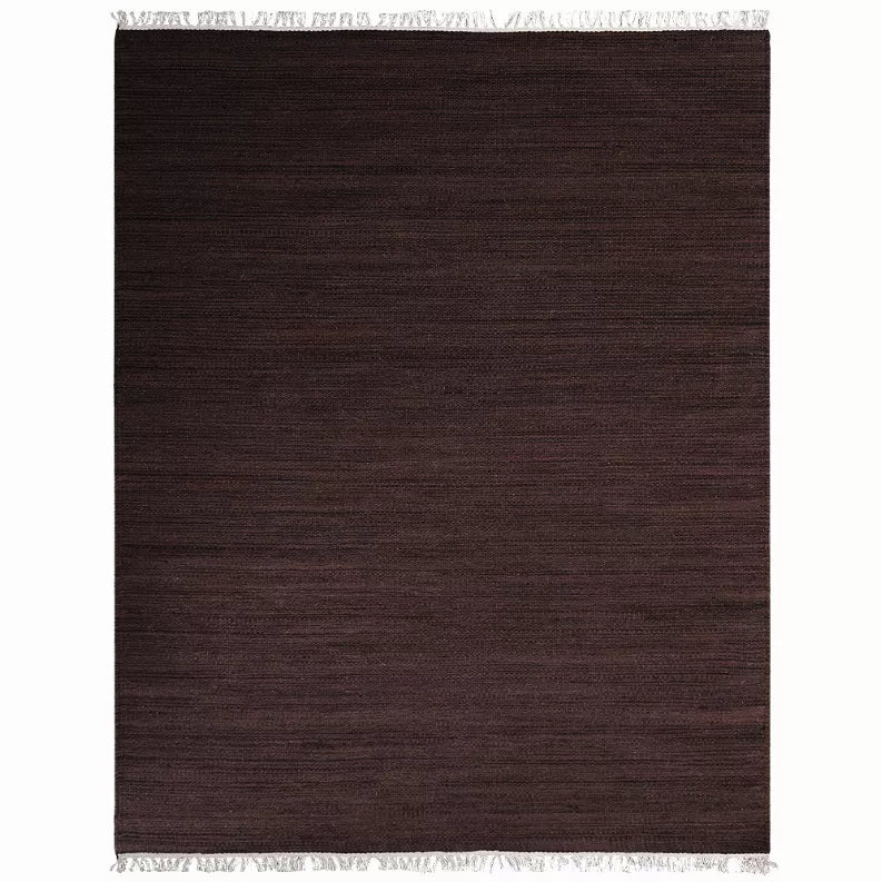 Dark brown wool area rug with flat kilim weave and light fringe border