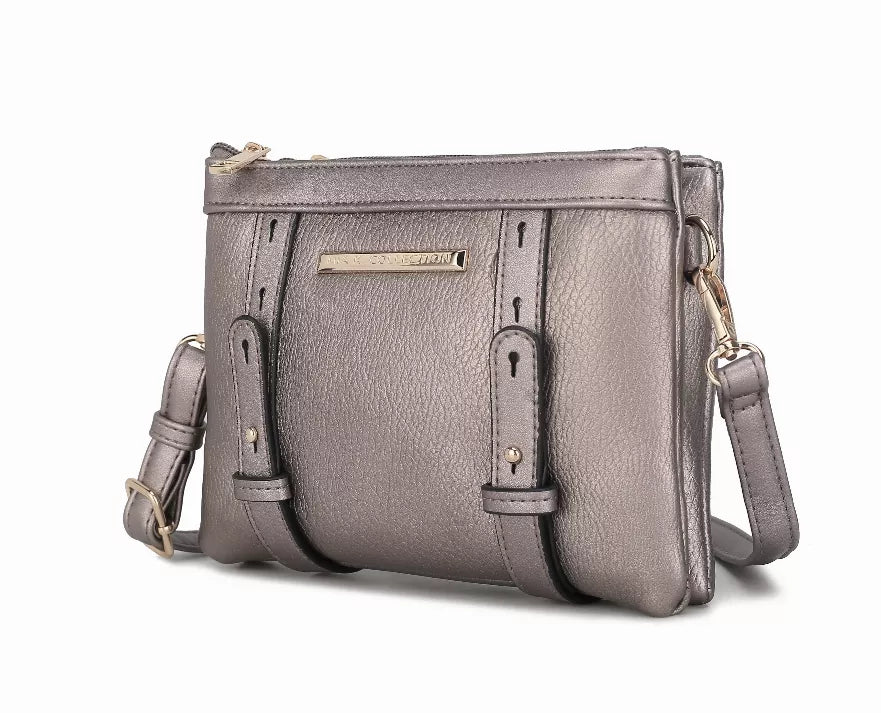 Taupe multi-compartment crossbody bag with adjustable strap and zip front pocket