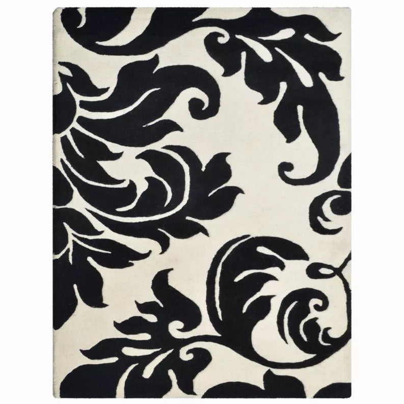 Black and ivory floral rug with dense scrolling motif, square centered view