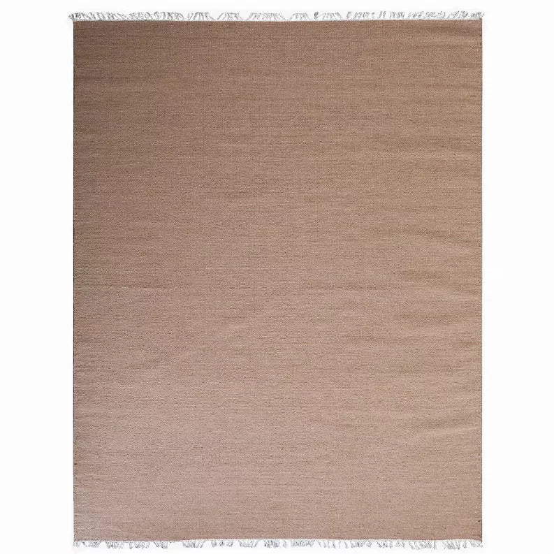 Solid tan flatweave Kilim wool area rug, square shape with frayed border
