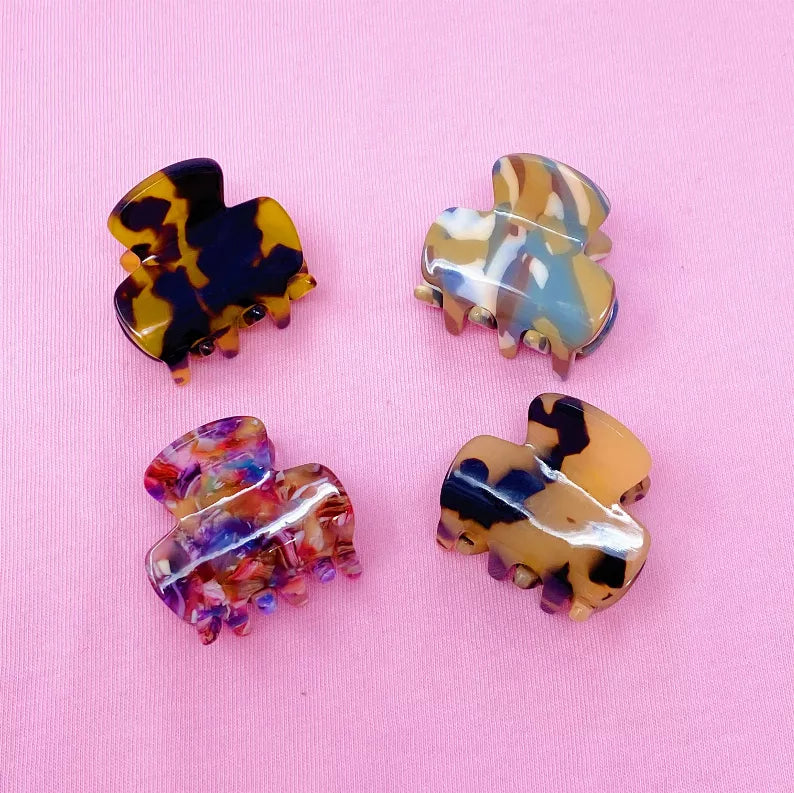 Mini hair claw set of four: navy with gold, blue-beige, purple marbled, tortoise