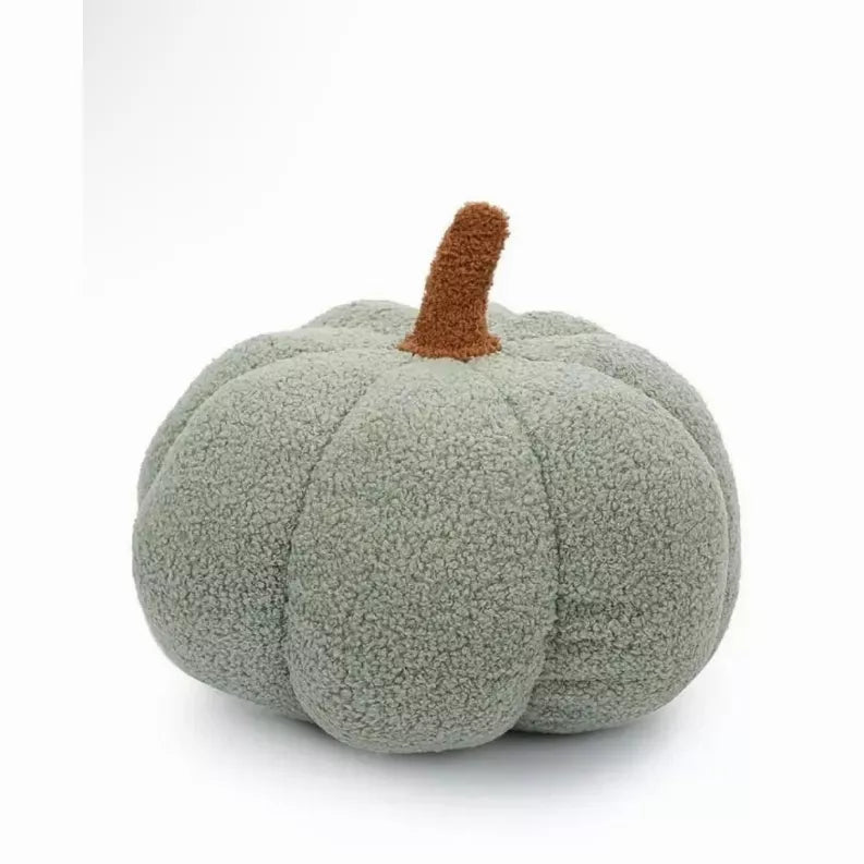 Boucle pumpkin-shaped pillow, light gray plush with brown stem