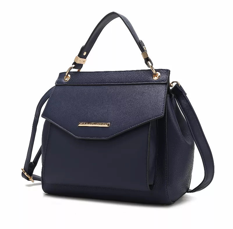 Navy women's 3-in-1 vegan leather backpack with top handles and shoulder strap