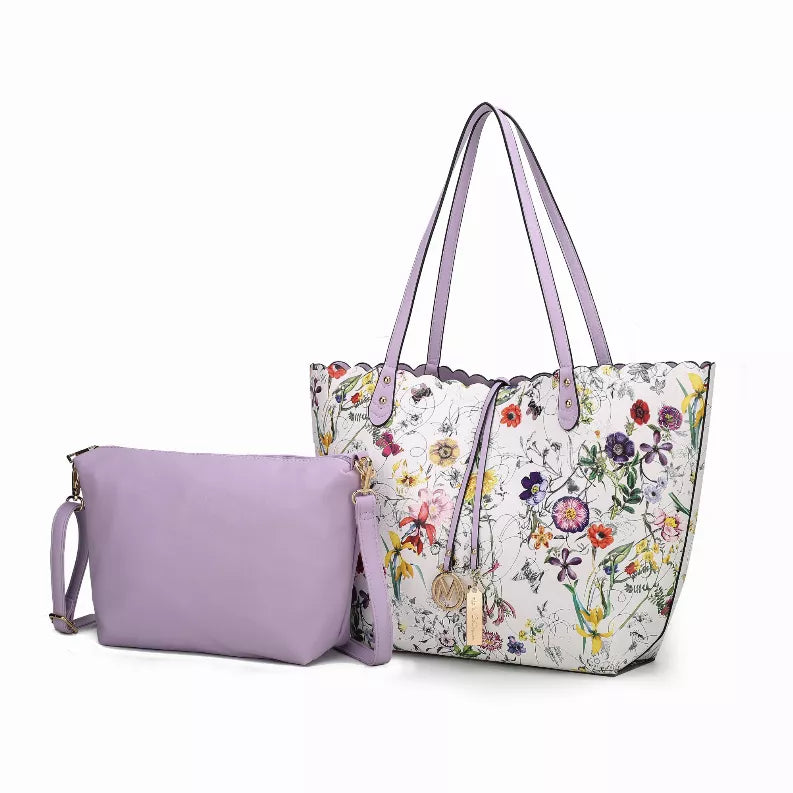Reversible floral shopper tote bag with matching lavender crossbody pouch