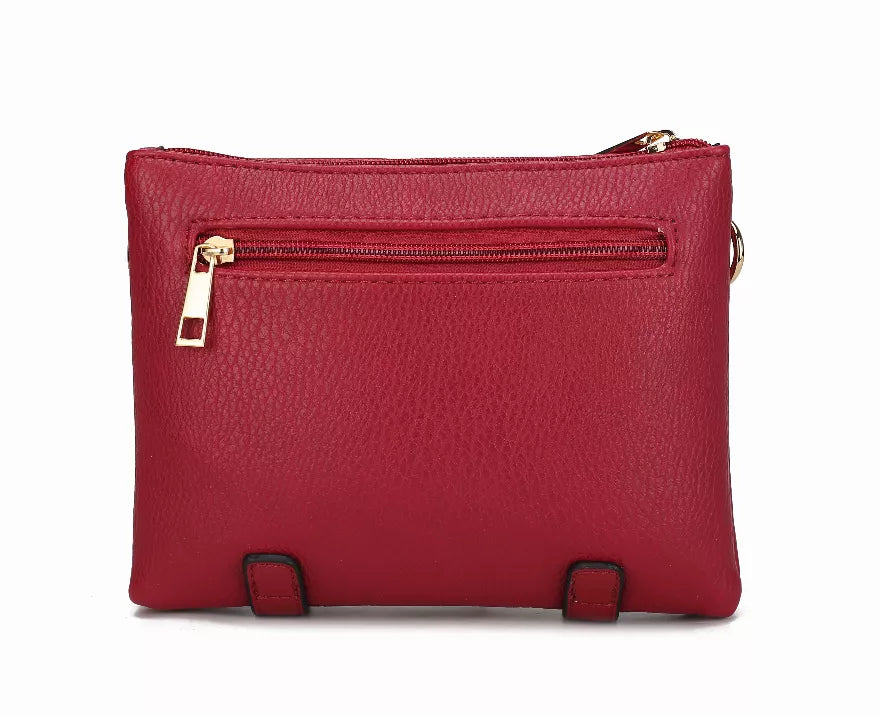 Red crossbody bag front panel with zip pocket, gold zipper pull, and top zip
