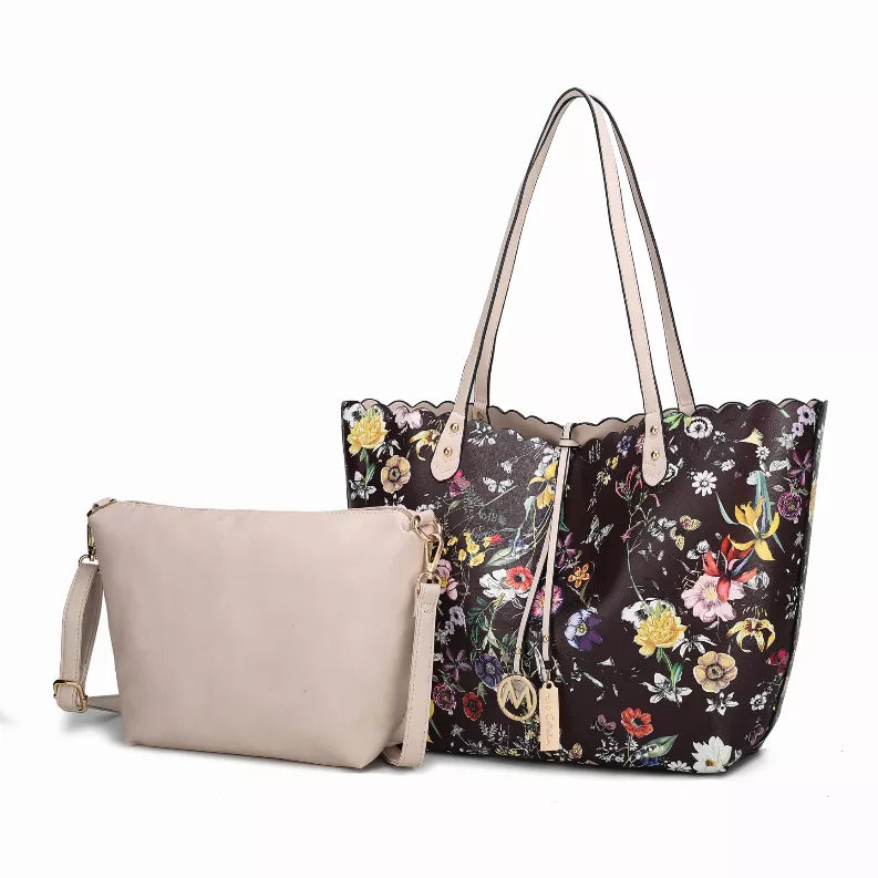 Reversible floral tote bag with beige crossbody pouch, top handles, and shoulder strap