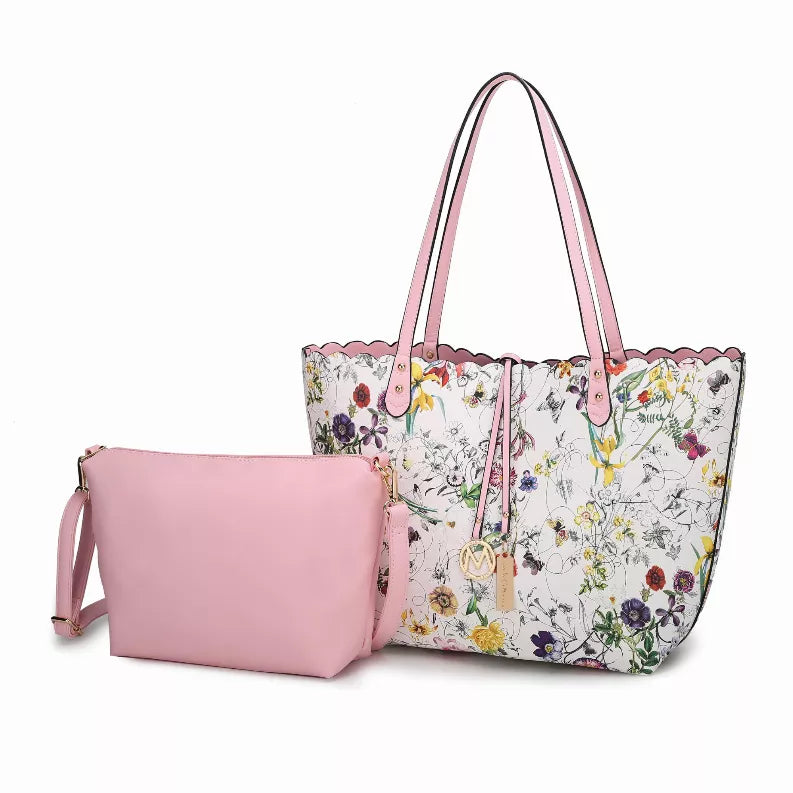 Reversible shopper tote bag with floral print and matching crossbody pouch, pink trim