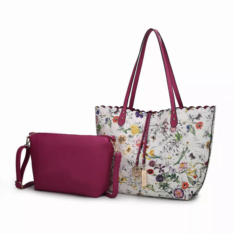 Reversible tote bag with floral print, burgundy handles and matching crossbody pouch.