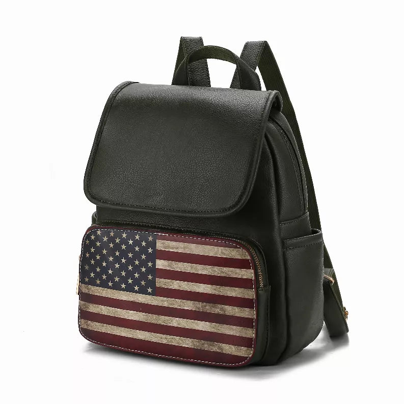 Dark green vegan leather women's backpack, American flag front zip pocket with flap