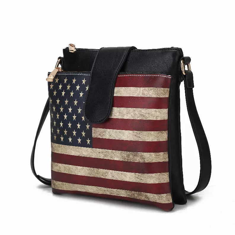 Vegan leather crossbody bag with black flap, American flag front panel, gold hardware