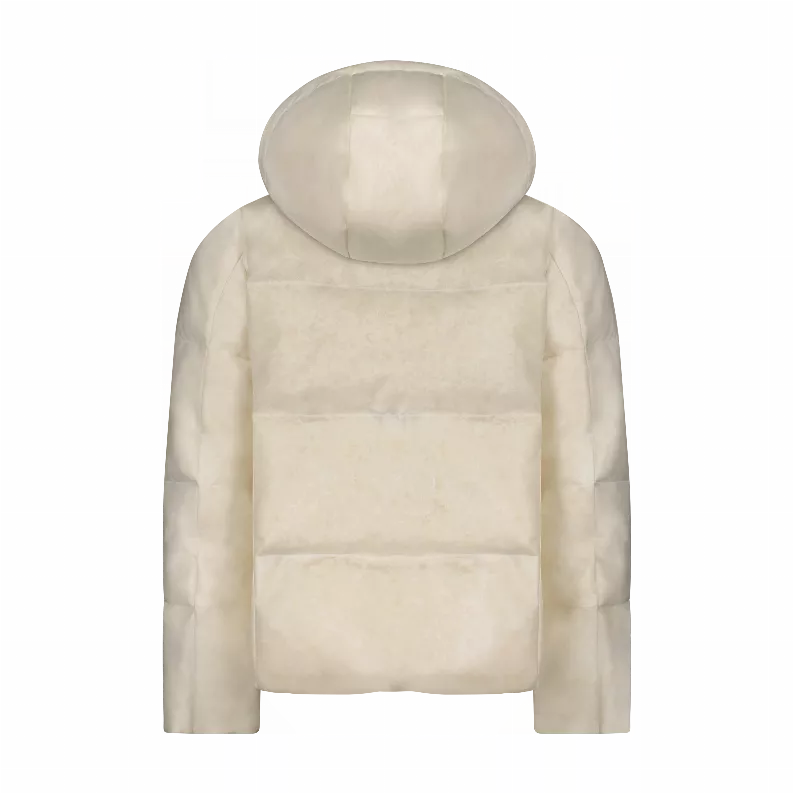 Cream hooded puffer jacket with front zipper and padded chest panels
