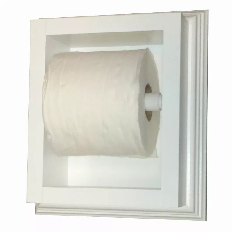 Recessed toilet paper holder with light-colored square frame and toilet paper roll