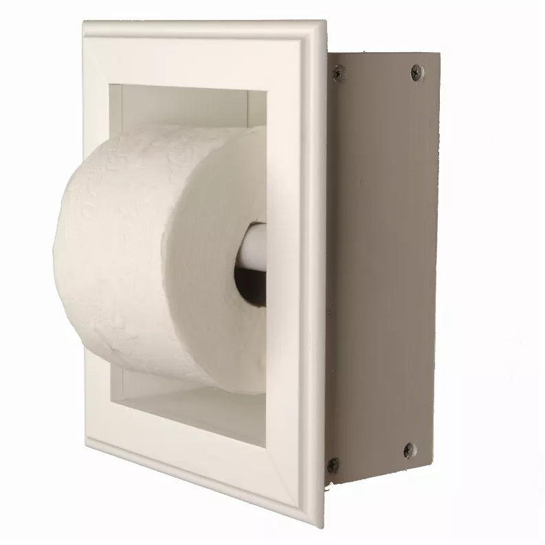 Recessed solid wood toilet paper holder with installed roll and open front frame
