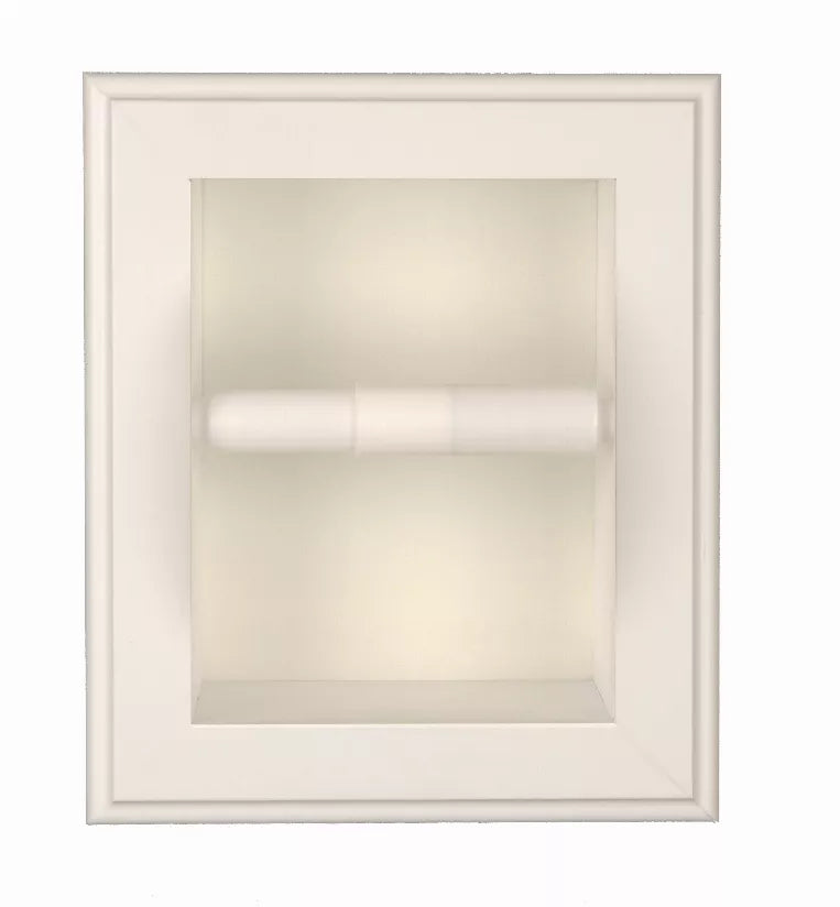 Recessed solid wood toilet paper holder with empty square front opening