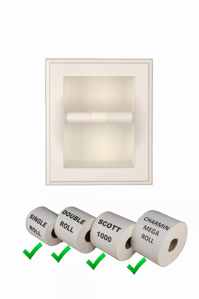 Recessed solid wood toilet paper holder with roll showing single and multi-roll options