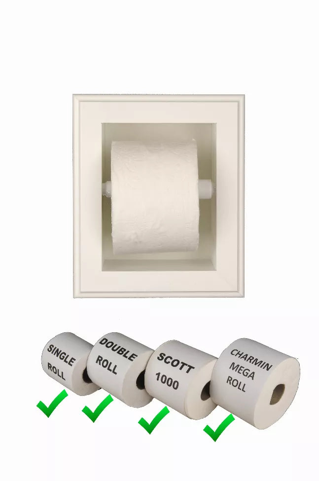 Recessed solid wood toilet paper holder with paper roll installed and option checkmarks