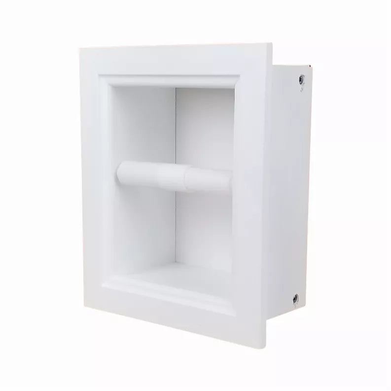 Recessed square toilet paper holder with white finish and paper roll inside