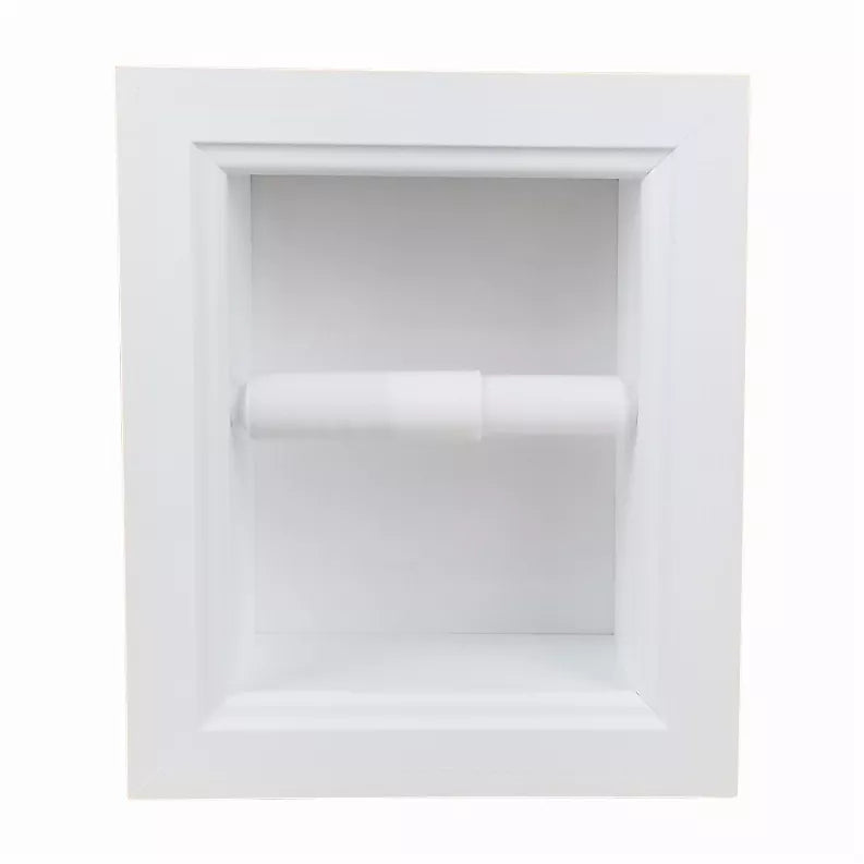 Square recessed toilet paper holder niche with horizontal spindle and rolled paper