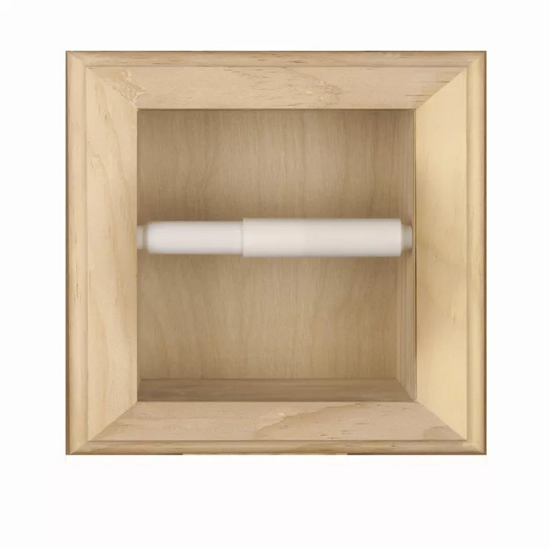 Recessed solid wood toilet paper holder with roll centered inside square frame