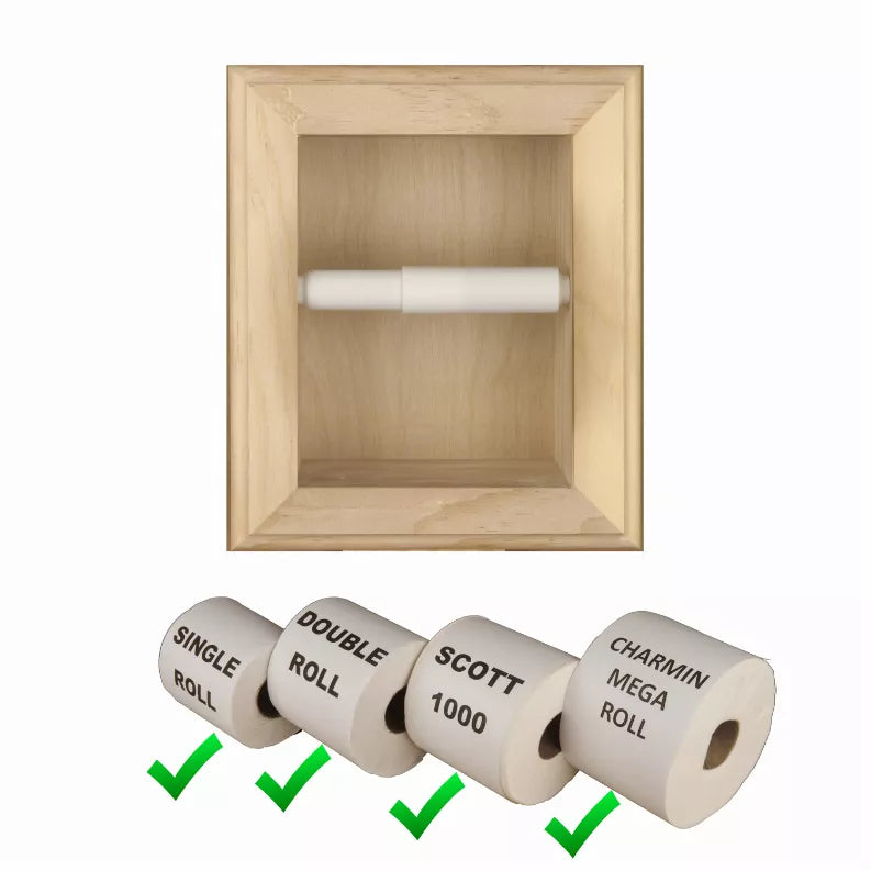 Recessed square wood toilet paper holder with inner rail and spare rolls below