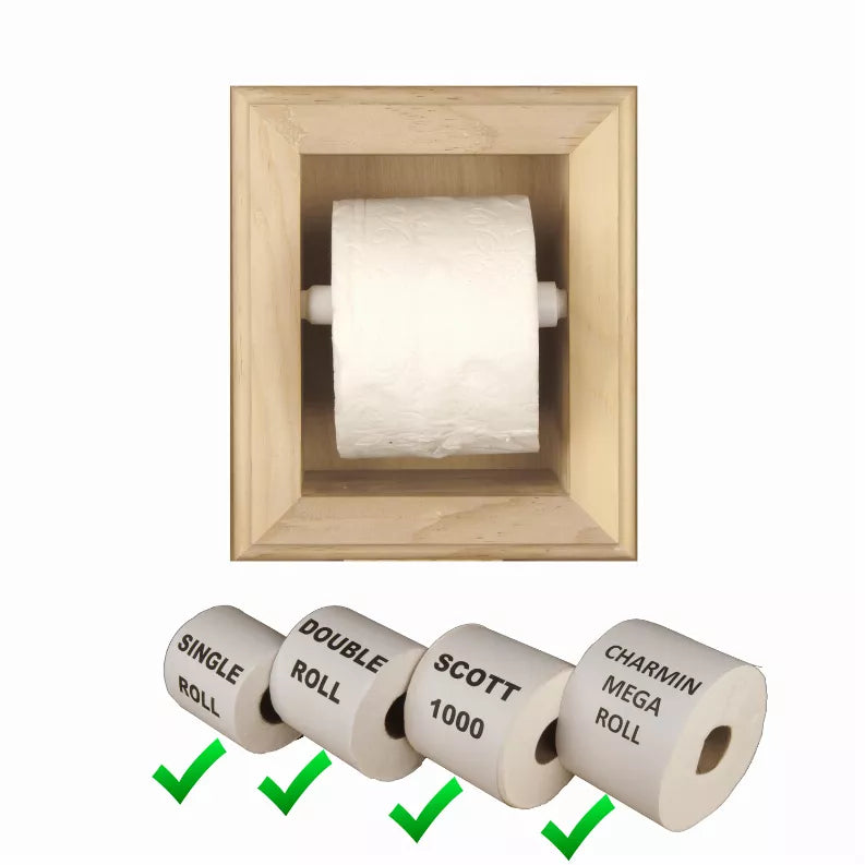 Square recessed wood toilet paper holder with a full white roll inside