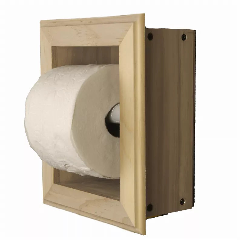 Side view of recessed wood toilet paper holder holding a roll on a wall mount
