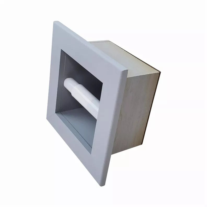 Gray recessed solid wood toilet paper holder with white roll seated in frame