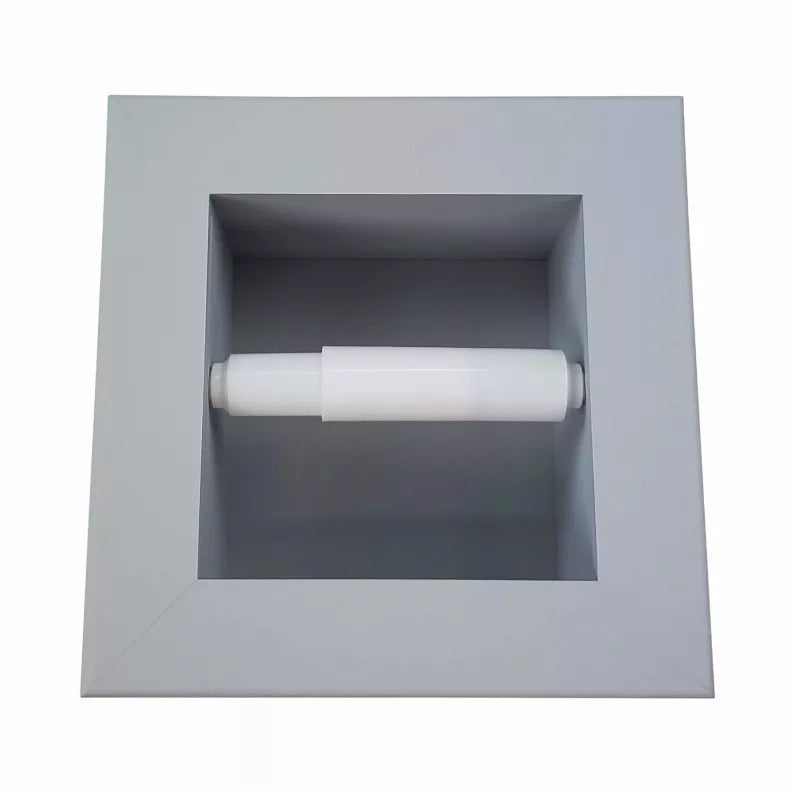 Recessed toilet paper holder with white paper roll in square wood frame