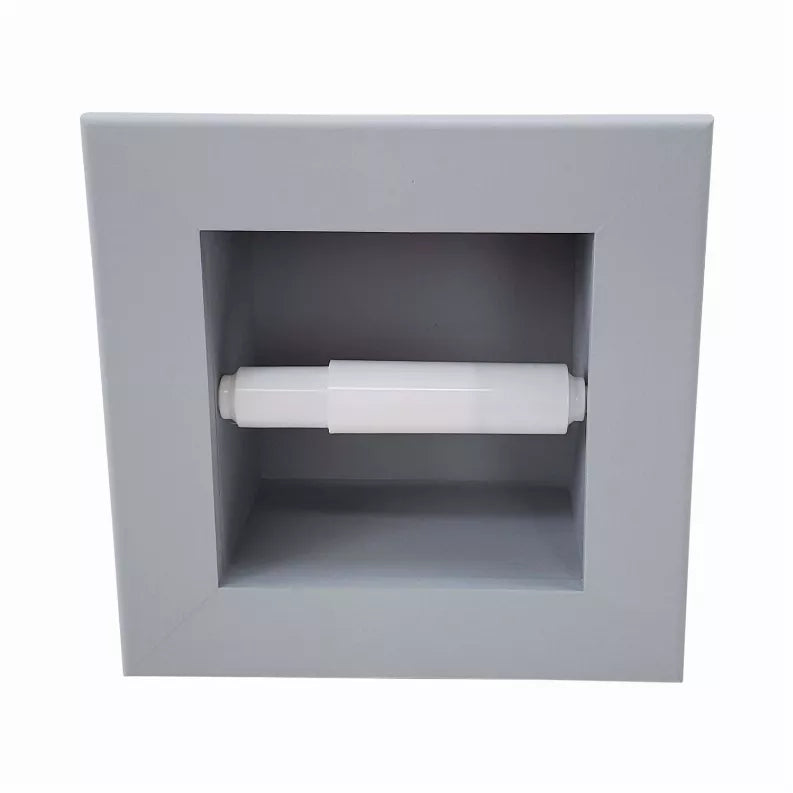 Gray recessed solid wood toilet paper holder with white roll in front opening