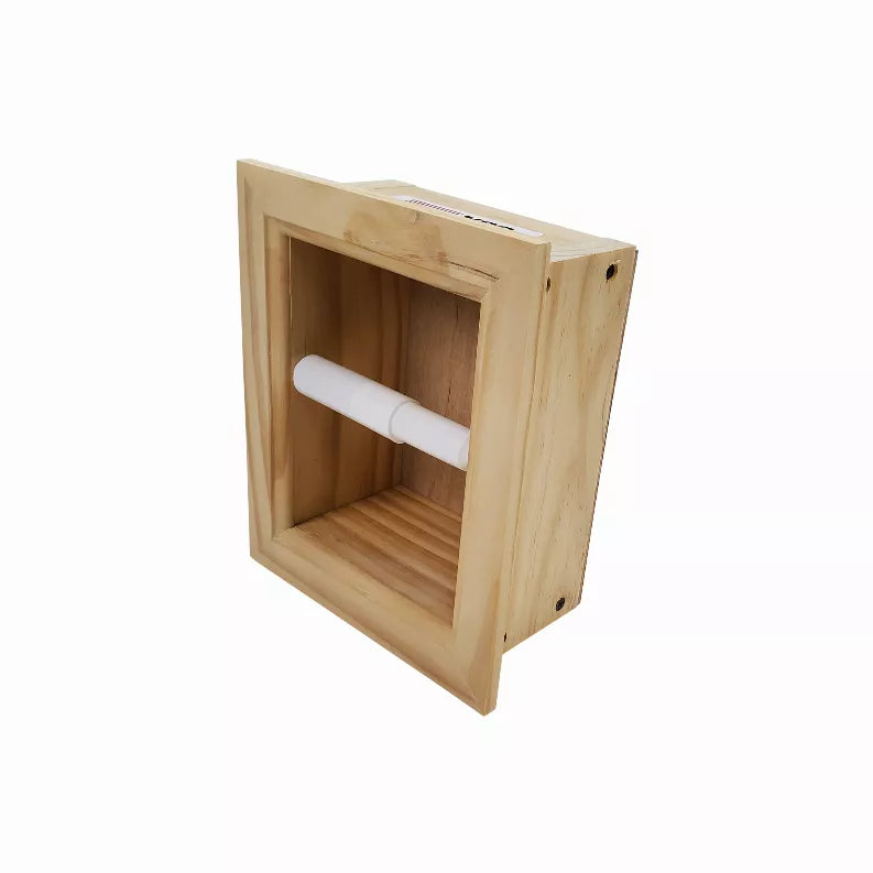 Solid wood recessed toilet paper holder, angled view, white roll mounted inside