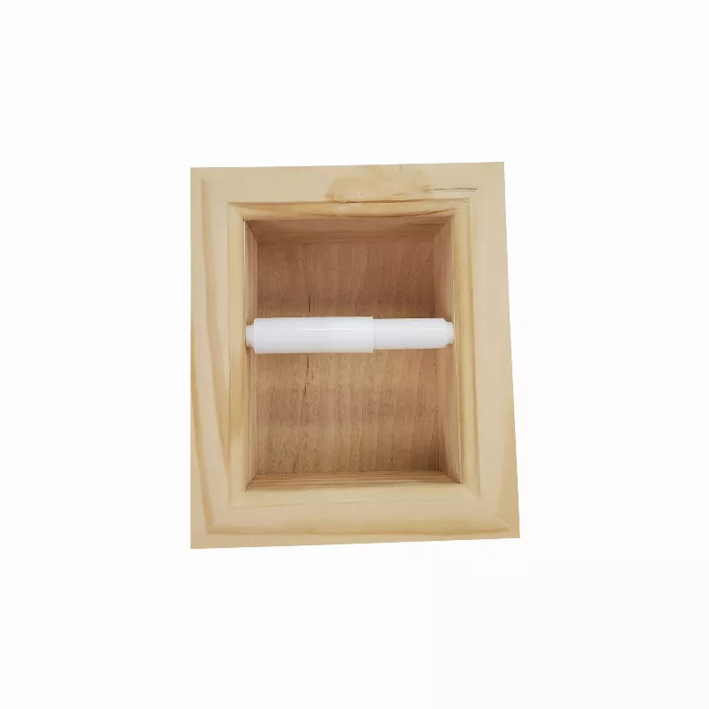 Square recessed solid wood toilet paper holder with white roll visible