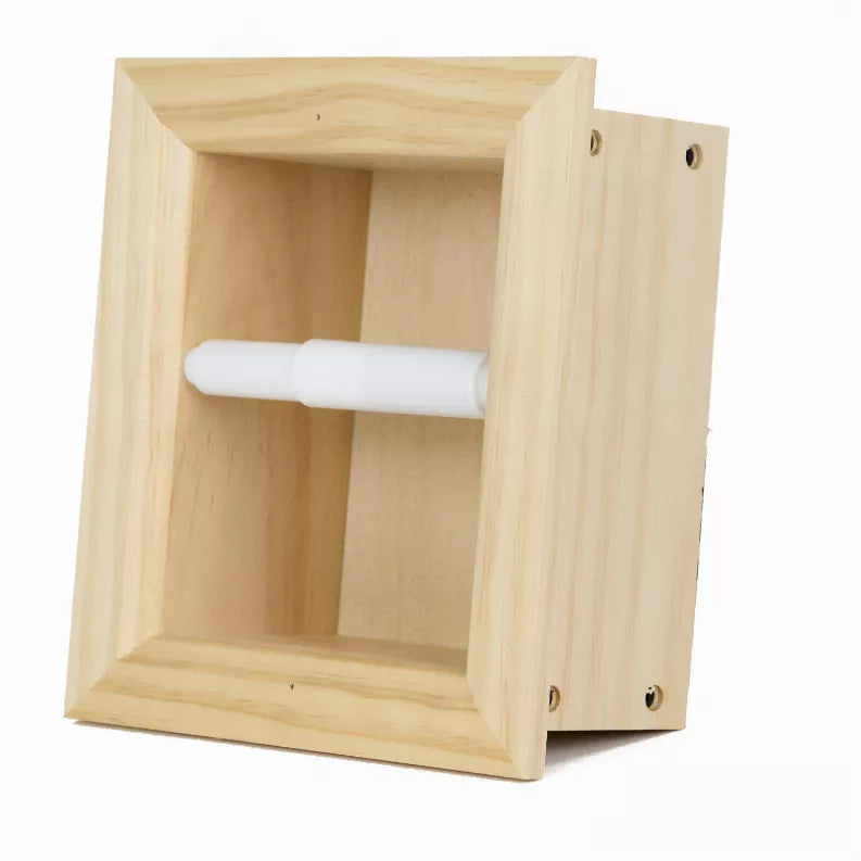 Recessed solid wood toilet paper holder with hinges and white roll inside
