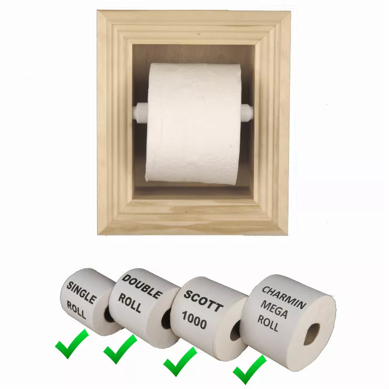 Recessed light wood toilet paper holder with white roll centered in square opening