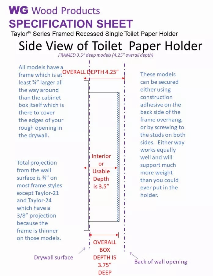 Side-view specification diagram for framed recessed wood toilet paper holder